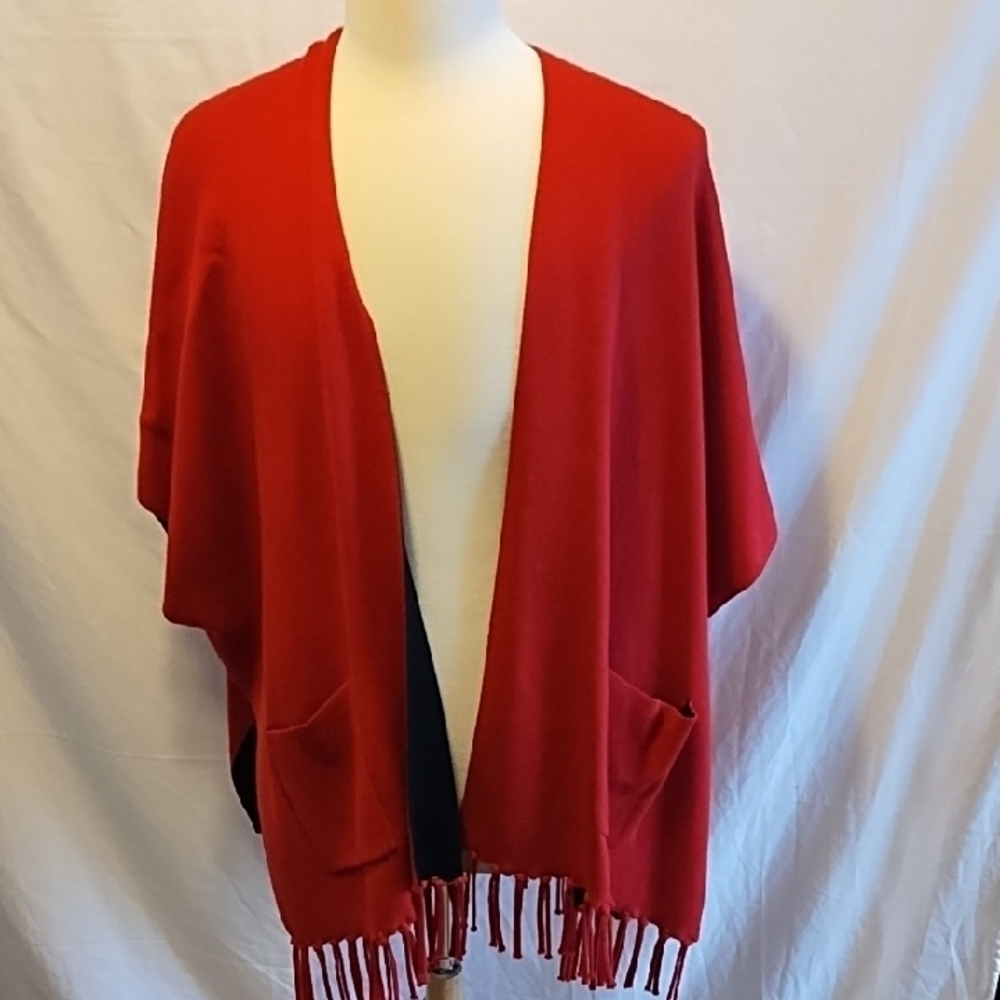 Chicos Red Tasseled Poncho With Pockets Size S/ M